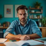 A remote manager at a cluttered home office desk appears focused yet anxious, surrounded by digital devices and notepads, reflecting the challenges of remote leadership.