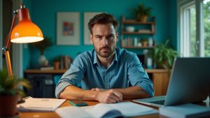 A remote manager at a cluttered home office desk appears focused yet anxious, surrounded by digital devices and notepads, reflecting the challenges of remote leadership.