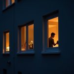 Remote workers in separate apartments illuminated by computer screens at dusk, each engaged in their digital workspace within a city building.