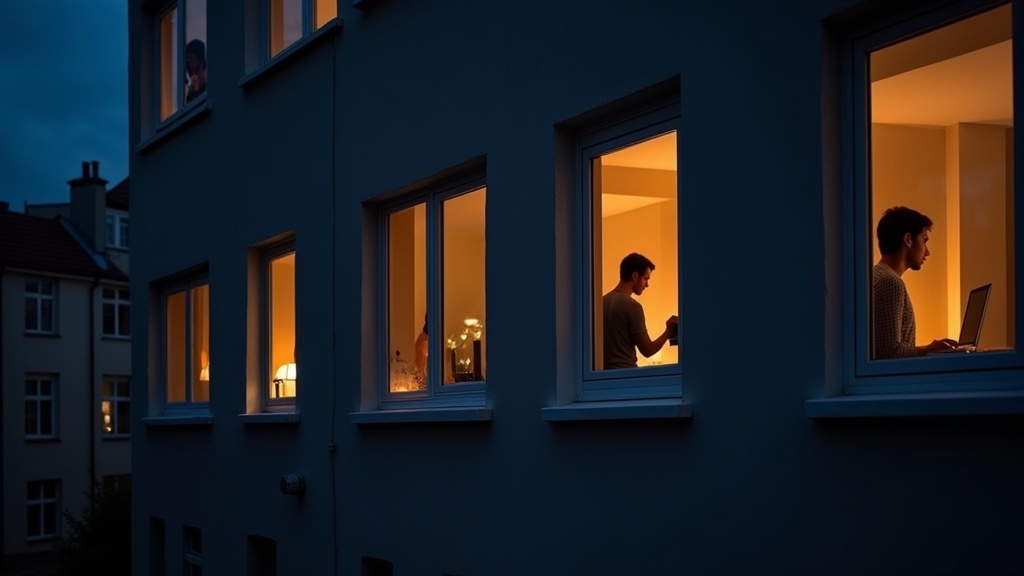 Remote workers in separate apartments illuminated by computer screens at dusk, each engaged in their digital workspace within a city building.