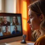 Remote team video call with one participant lost in thought by a sunlit window, highlighting the subtle disconnect of burnout in a home office setting.