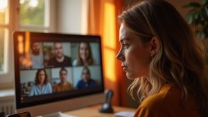 Remote team video call with one participant lost in thought by a sunlit window, highlighting the subtle disconnect of burnout in a home office setting.