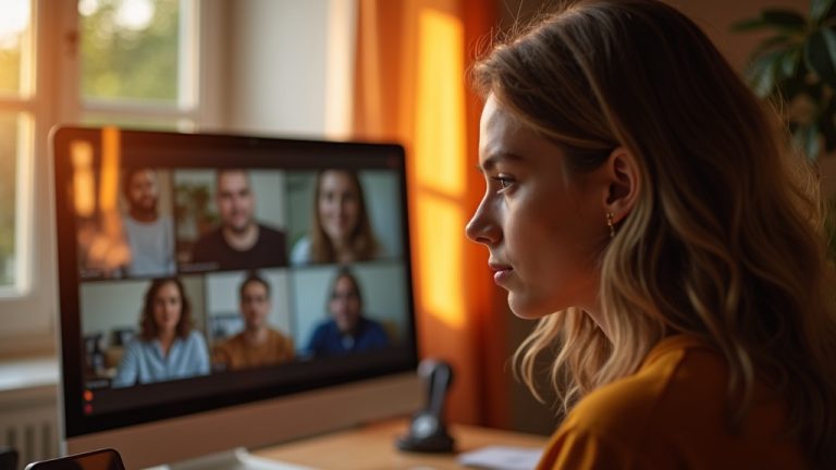 Remote team video call with one participant lost in thought by a sunlit window, highlighting the subtle disconnect of burnout in a home office setting.
