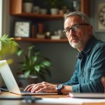 A focused remote worker at a sunlit home office desk, glancing at a wall clock, highlighting the balance between work responsibilities and personal time.