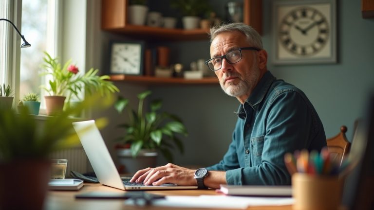 A focused remote worker at a sunlit home office desk, glancing at a wall clock, highlighting the balance between work responsibilities and personal time.