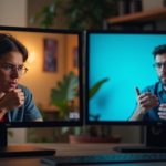 Two individuals in separate environments communicate via video call, showing thoughtful and confused expressions amid nuanced lighting that highlights remote communication challenges.