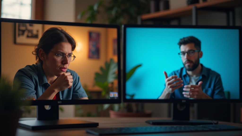 Two individuals in separate environments communicate via video call, showing thoughtful and confused expressions amid nuanced lighting that highlights remote communication challenges.
