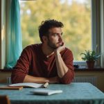 A remote worker sits thoughtfully at a home workspace, gazing out the window in a cozy, softly lit room, reflecting on feelings of isolation.
