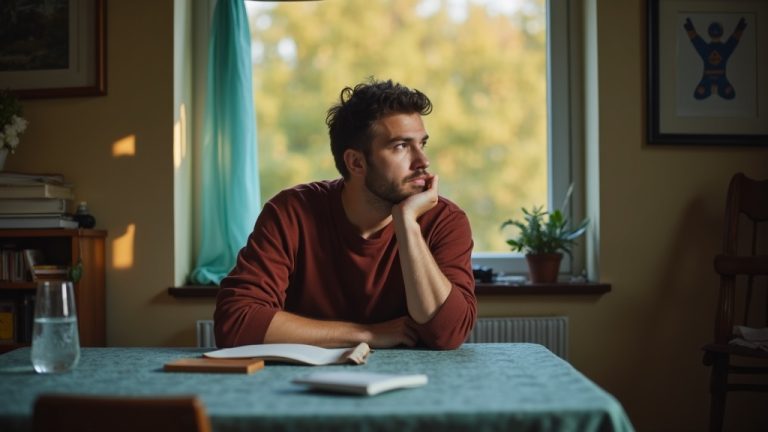 A remote worker sits thoughtfully at a home workspace, gazing out the window in a cozy, softly lit room, reflecting on feelings of isolation.