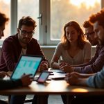 Team members gathered around a cluttered coffee table, interacting with various remote work tools on digital devices in a warmly lit modern office.