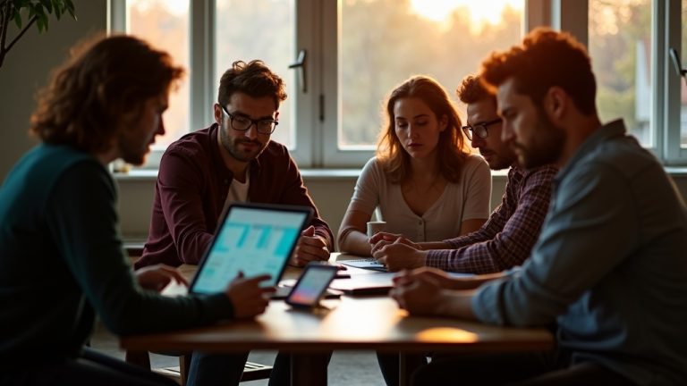Team members gathered around a cluttered coffee table, interacting with various remote work tools on digital devices in a warmly lit modern office.