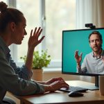 Two remote coworkers on a video call, one speaking energetically while the other appears confused and leans in, highlighting a challenging communication moment in a warm, comfortable home office.