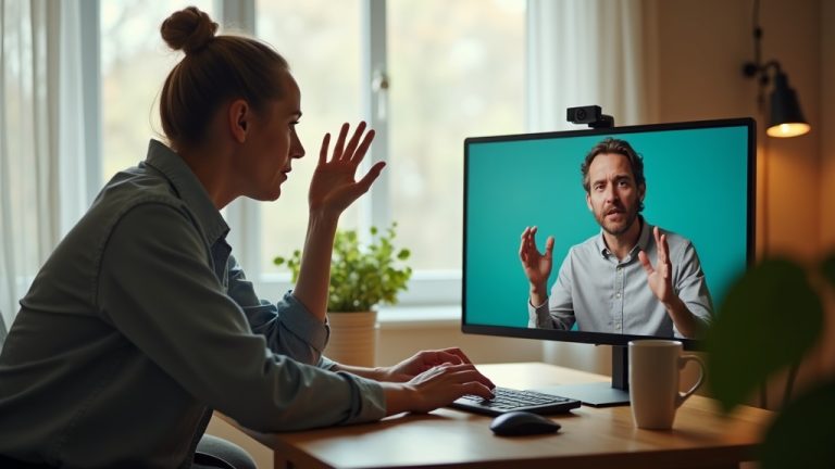 Two remote coworkers on a video call, one speaking energetically while the other appears confused and leans in, highlighting a challenging communication moment in a warm, comfortable home office.