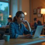 Remote manager focused on video call in a warm home office, with reflections of remote team members showing varied emotional states in the background