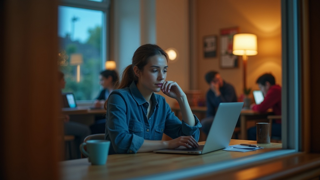 Remote manager focused on video call in a warm home office, with reflections of remote team members showing varied emotional states in the background