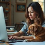A focused remote worker typing at a modern desk in a sunlit home office, surrounded by pets and scattered projects, with subtle signs of distraction.