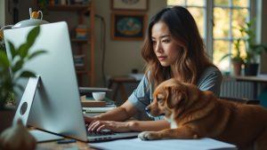 A focused remote worker typing at a modern desk in a sunlit home office, surrounded by pets and scattered projects, with subtle signs of distraction.