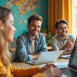 Remote colleagues engaged in a vibrant video call, each in distinct settings, sharing a lively virtual conversation that highlights real connection across locations.