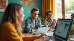 Remote colleagues engaged in a vibrant video call, each in distinct settings, sharing a lively virtual conversation that highlights real connection across locations.