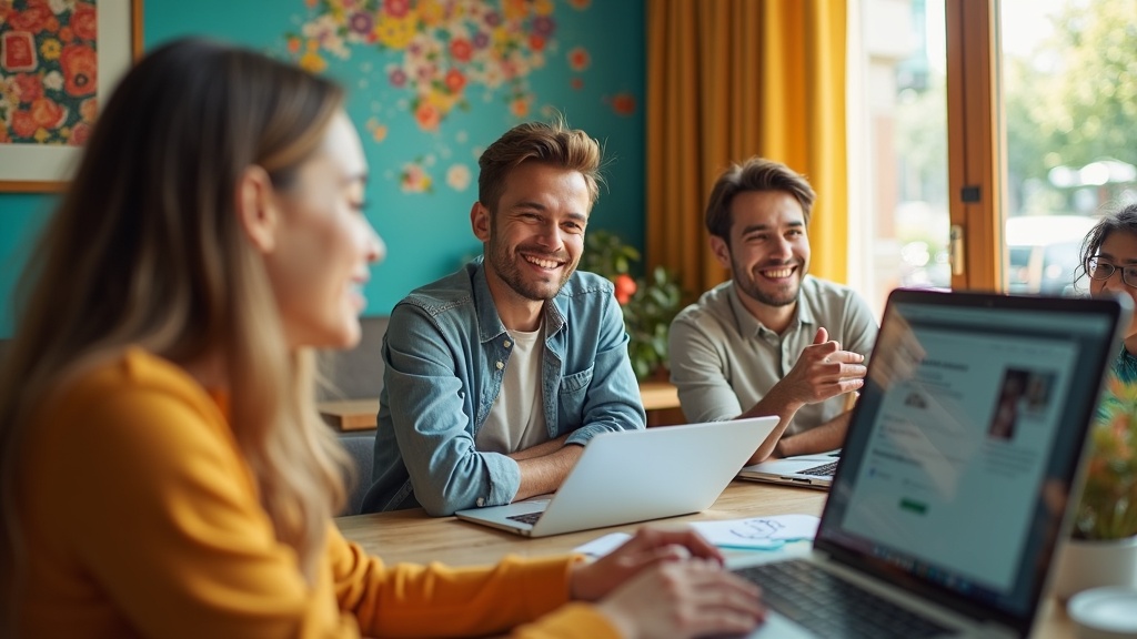 Remote colleagues engaged in a vibrant video call, each in distinct settings, sharing a lively virtual conversation that highlights real connection across locations.
