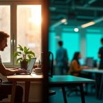 Split view of a calm home office with warm sunlight and plants on one side and a lively coworking space with people collaborating on the other.
