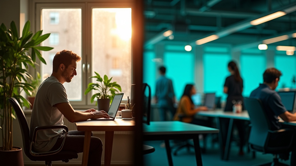 Split view of a calm home office with warm sunlight and plants on one side and a lively coworking space with people collaborating on the other.