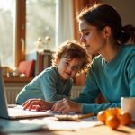 Remote worker at cluttered desk balancing focus and childcare in a busy home office with morning sunlight highlighting a complex, multitasking environment