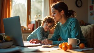 Remote worker at cluttered desk balancing focus and childcare in a busy home office with morning sunlight highlighting a complex, multitasking environment