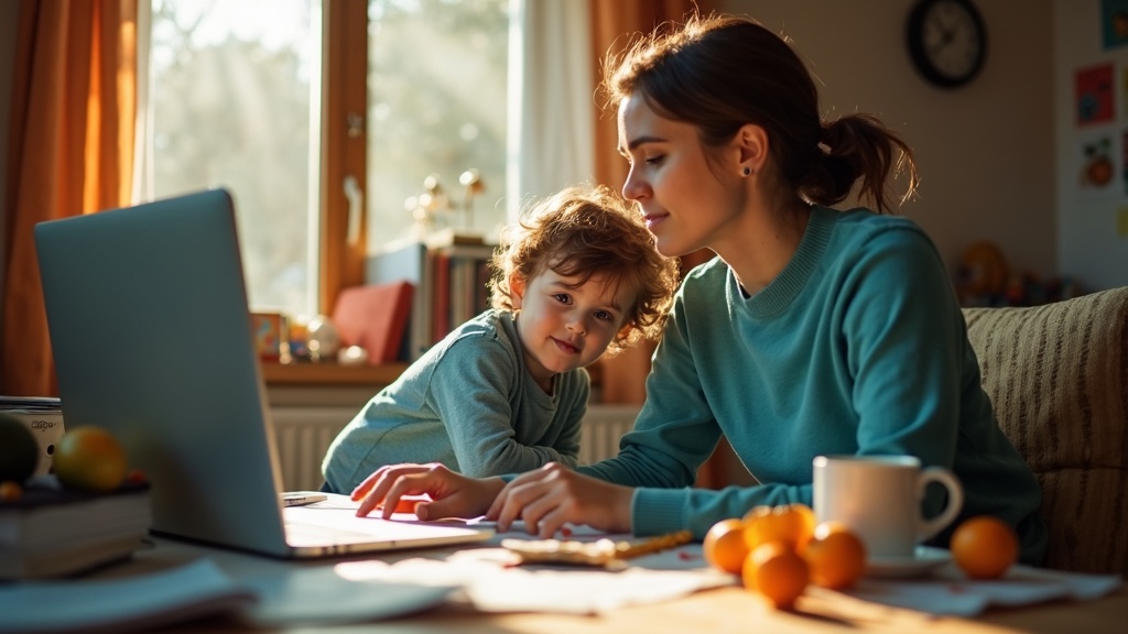 Remote worker at cluttered desk balancing focus and childcare in a busy home office with morning sunlight highlighting a complex, multitasking environment